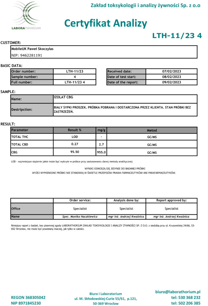 IZOLAT CBG 95,5% | Czysty Kannabigerol | THC free