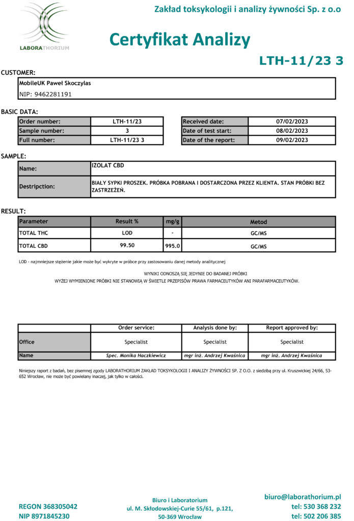 IZOLAT CBD 99,5% | Czysty Kannabidiol | THC free